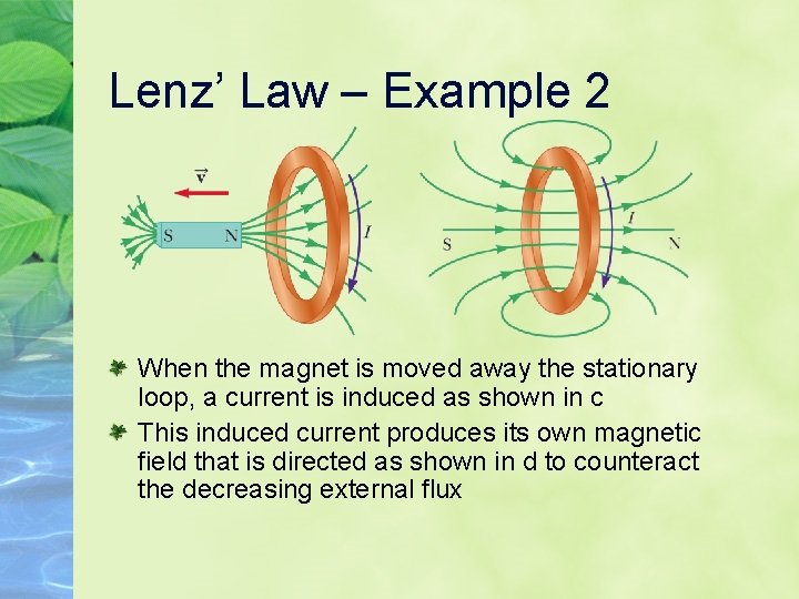 Lenz’ Law – Example 2 When the magnet is moved away the stationary loop,