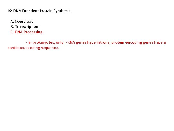 IX: DNA Function: Protein Synthesis A. Overview: B. Transcription: C. RNA Processing: - In