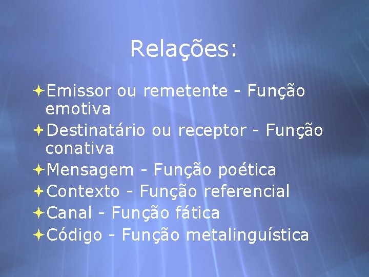 Relações: Emissor ou remetente - Função emotiva Destinatário ou receptor - Função conativa Mensagem