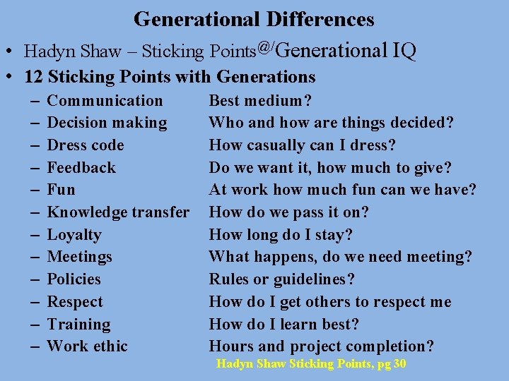 Generational Differences • Hadyn Shaw – Sticking Points@/Generational IQ • 12 Sticking Points with