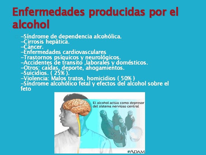 Enfermedades producidas por el alcohol � -Síndrome de dependencia alcohólica. -Cirrosis hepática. -Cáncer. -Enfermedades