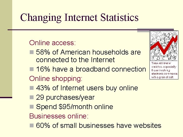 Changing Internet Statistics Online access: n 58% of American households are connected to the