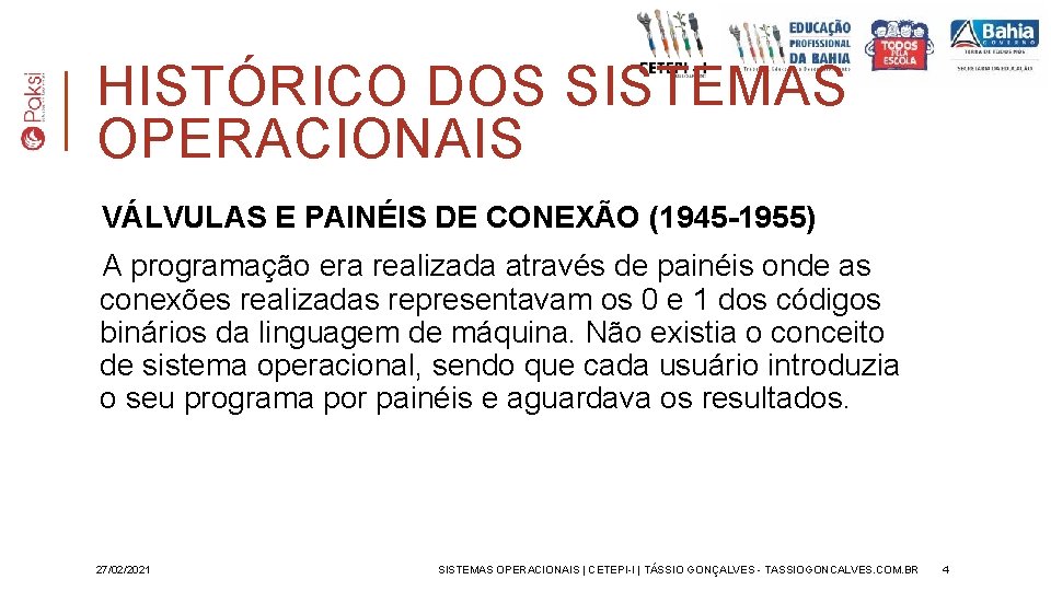 HISTÓRICO DOS SISTEMAS OPERACIONAIS VÁLVULAS E PAINÉIS DE CONEXÃO (1945 -1955) A programação era