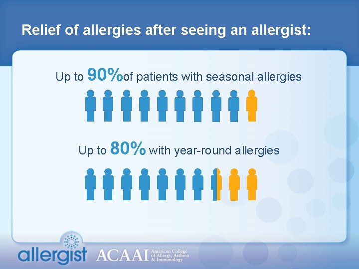 Relief of allergies after seeing an allergist: Up to 90%of patients with seasonal allergies