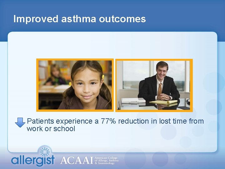 Improved asthma outcomes Patients experience a 77% reduction in lost time from work or