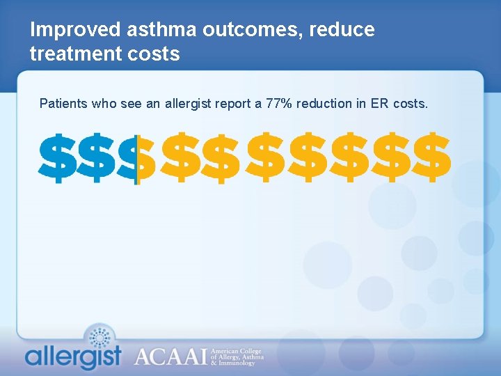 Improved asthma outcomes, reduce treatment costs Patients who see an allergist report a 77%