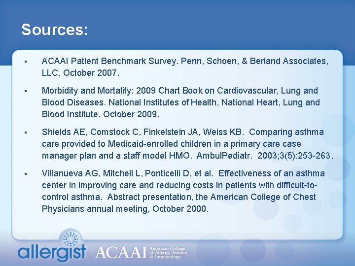 Sources: § ACAAI Patient Benchmark Survey. Penn, Schoen, & Berland Associates, LLC. October 2007.