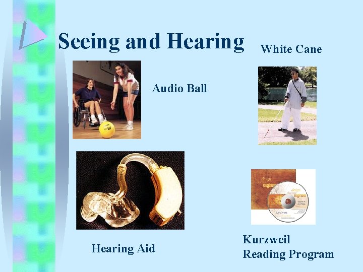 Seeing and Hearing White Cane Audio Ball Hearing Aid Kurzweil Reading Program Seeing and Hearing White Cane Audio Ball Hearing Aid Kurzweil Reading Program