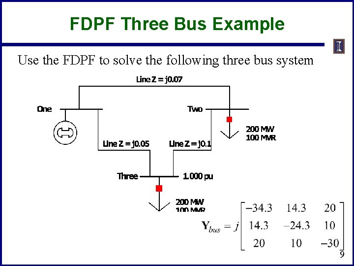 FDPF Three Bus Example Use the FDPF to solve the following three bus system FDPF Three Bus Example Use the FDPF to solve the following three bus system