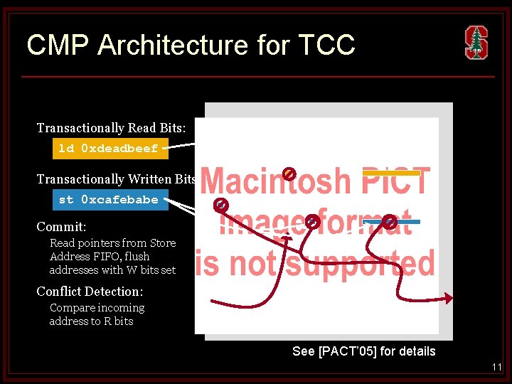 CMP Architecture for TCC Transactionally Read Bits: ld 0 xdeadbeef Transactionally Written Bits: st