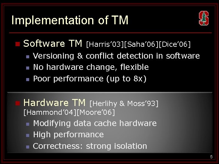 Implementation of TM n Software TM n n [Harris’ 03][Saha’ 06][Dice’ 06] Versioning &