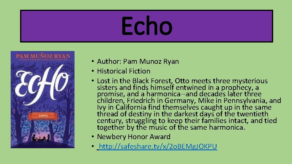 Echo • Author: Pam Munoz Ryan • Historical Fiction • Lost in the Black