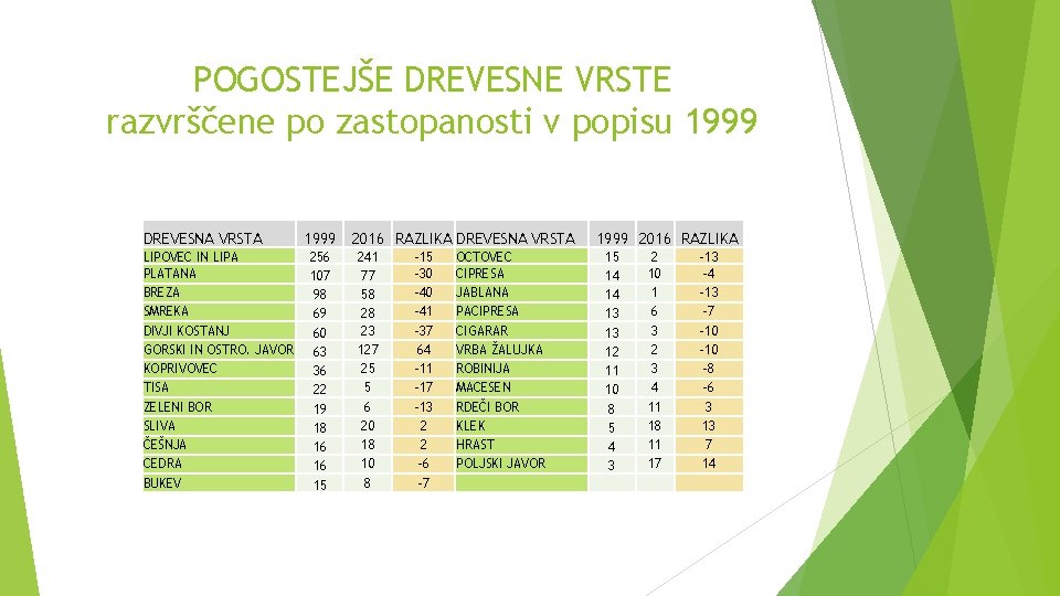 POGOSTEJŠE DREVESNE VRSTE razvrščene po zastopanosti v popisu 1999 DREVESNA VRSTA LIPOVEC IN LIPA POGOSTEJŠE DREVESNE VRSTE razvrščene po zastopanosti v popisu 1999 DREVESNA VRSTA LIPOVEC IN LIPA