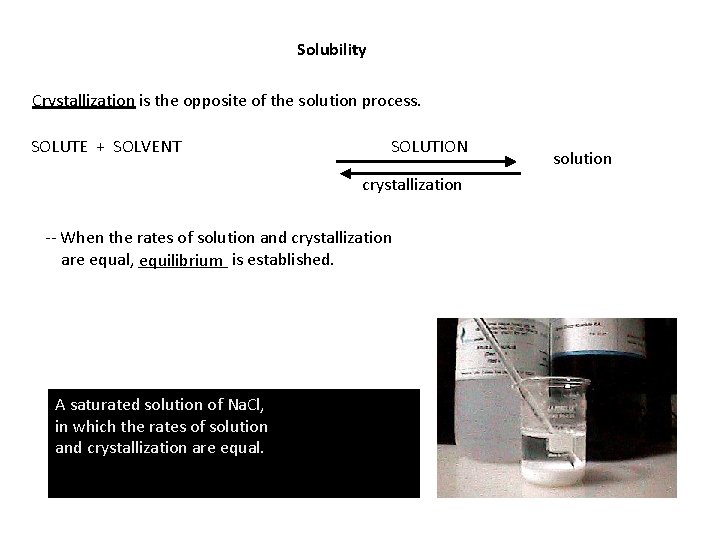 Solubility Crystallization is the opposite of the solution process. SOLUTE + SOLVENT SOLUTION crystallization