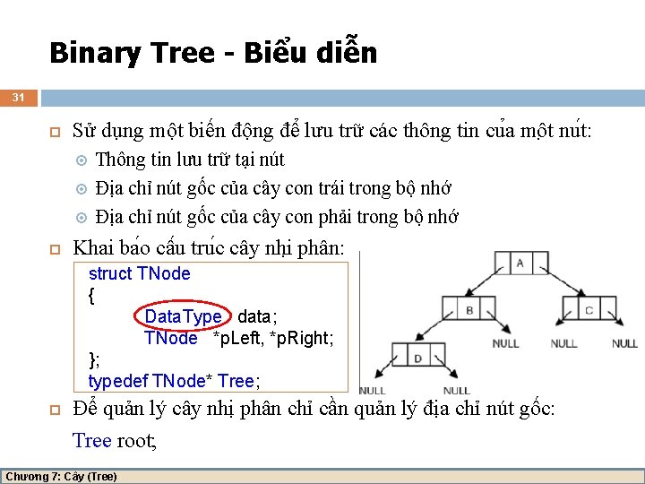 Binary Tree - Biểu diễn 31 Sử dụng một biến động đê lưu trữ