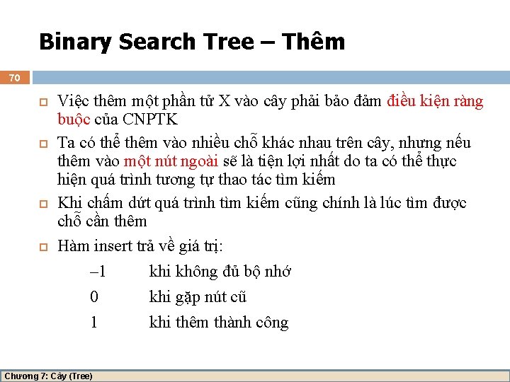 Binary Search Tree – Thêm 70 Việc thêm một phần tử X vào cây