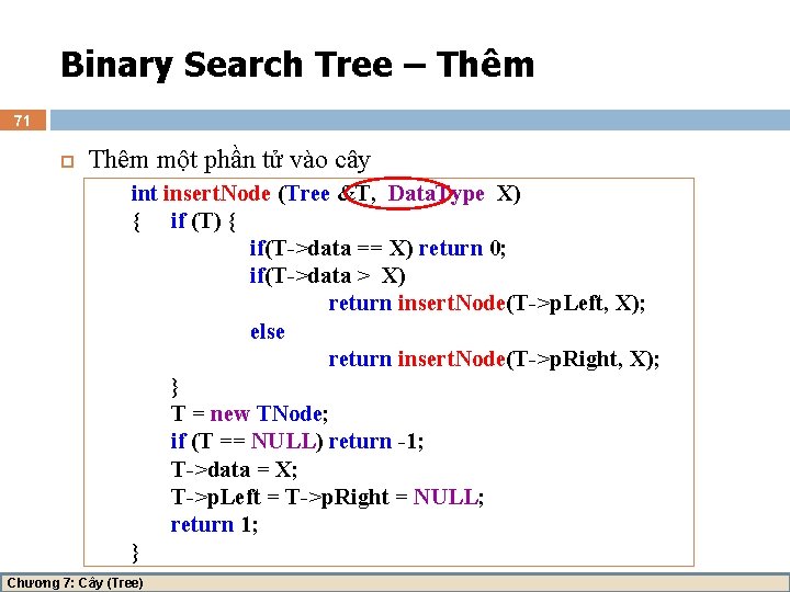 Binary Search Tree – Thêm 71 Thêm một phần tử vào cây int insert.