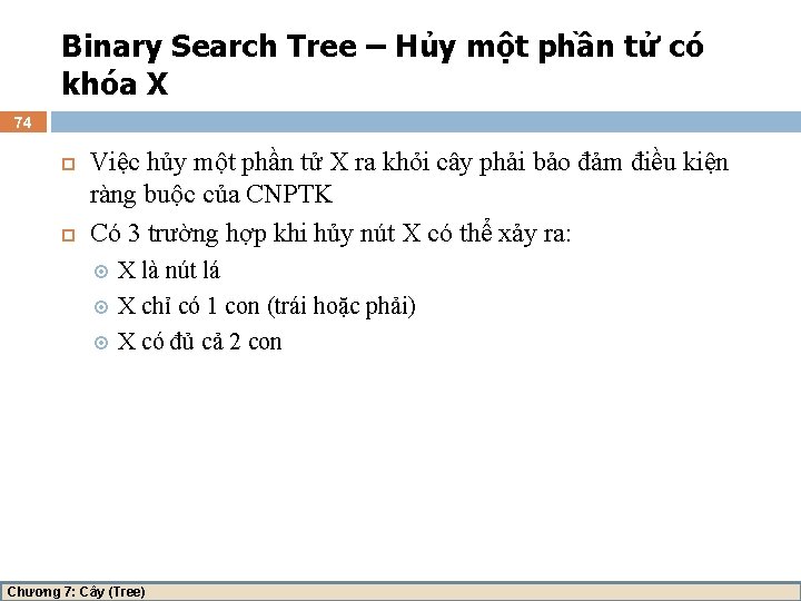 Binary Search Tree – Hủy một phần tử có khóa X 74 Việc hủy