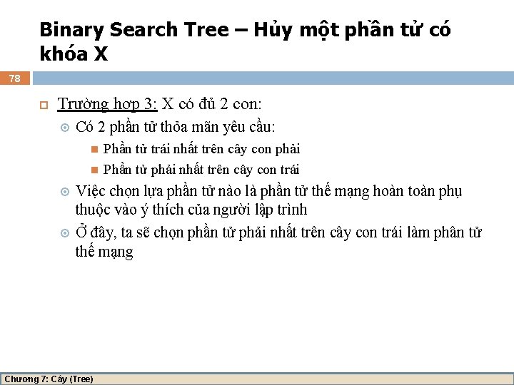 Binary Search Tree – Hủy một phần tử có khóa X 78 Trường hợp