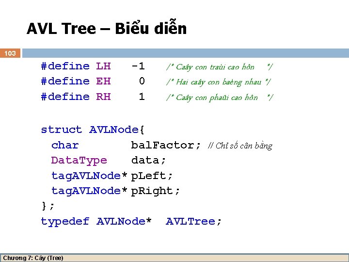 AVL Tree – Biểu diễn 103 #define LH #define EH #define RH -1 0