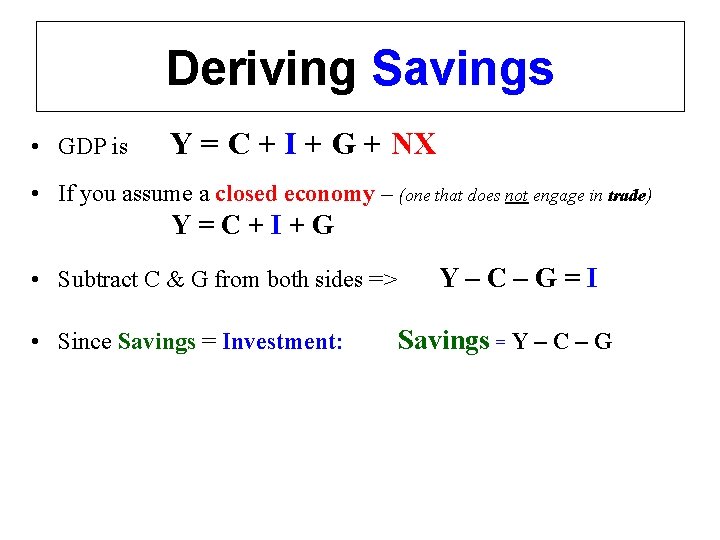 Deriving Savings • GDP is Y = C + I + G + NX
