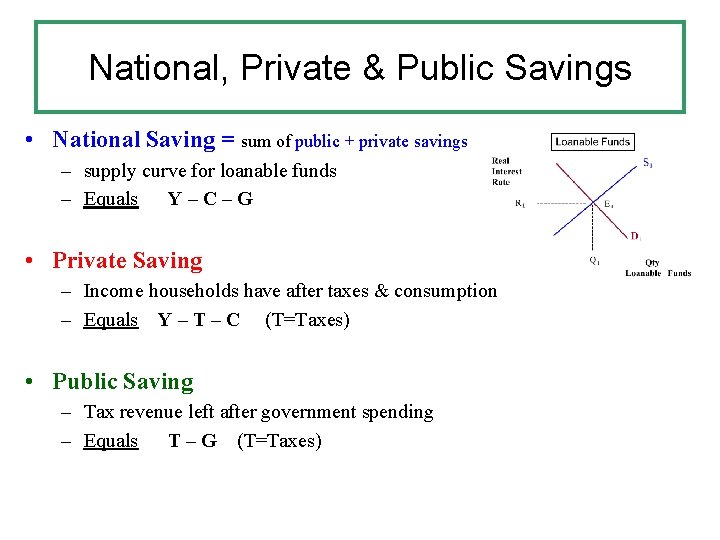 National, Private & Public Savings • National Saving = sum of public + private