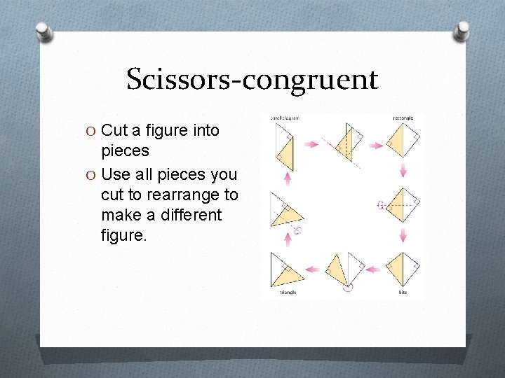 Scissors-congruent O Cut a figure into pieces O Use all pieces you cut to