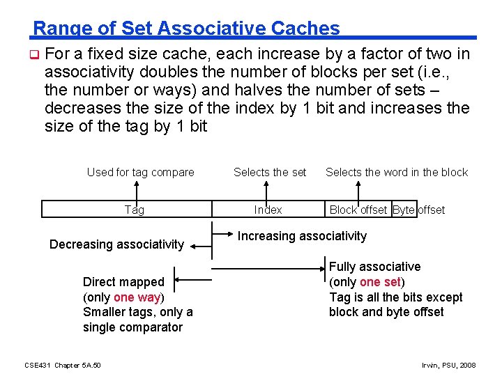 Range of Set Associative Caches q For a fixed size cache, each increase by