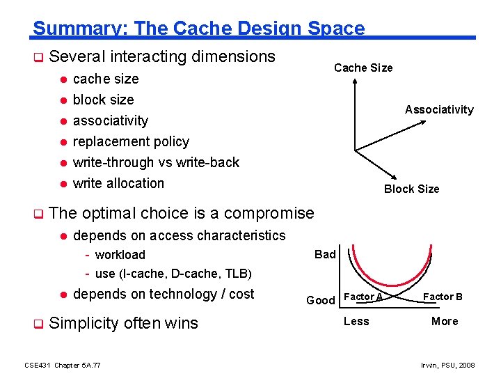 Summary: The Cache Design Space q Several interacting dimensions l cache size block size