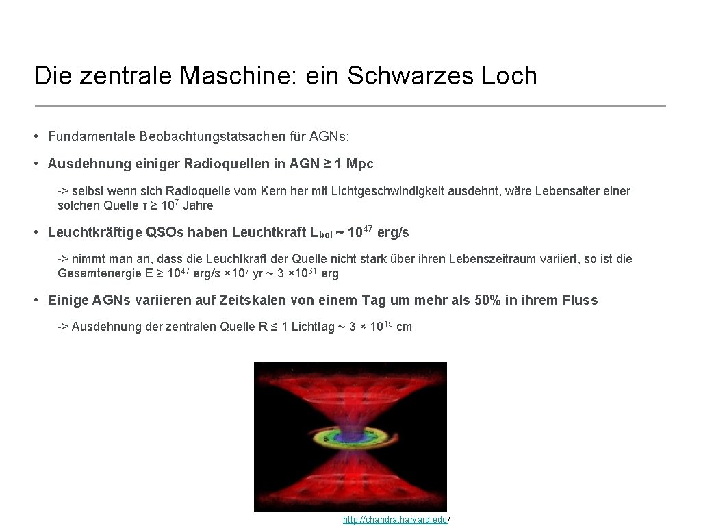 Die zentrale Maschine: ein Schwarzes Loch • Fundamentale Beobachtungstatsachen für AGNs: • Ausdehnung einiger