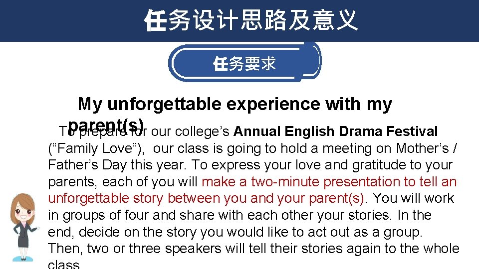 任务设计思路及意义 任务要求 My unforgettable experience with my parent(s) To prepare for our college’s Annual