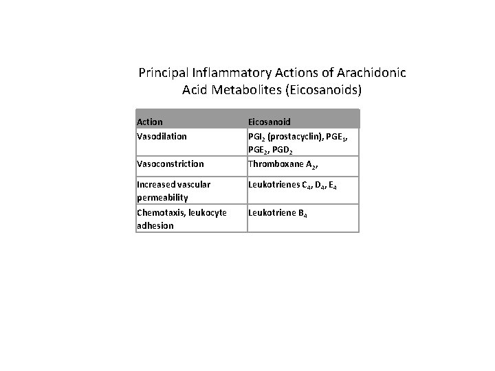 Principal Inflammatory Actions of Arachidonic Acid Metabolites (Eicosanoids) Action Eicosanoid Vasodilation PGI 2 (prostacyclin),