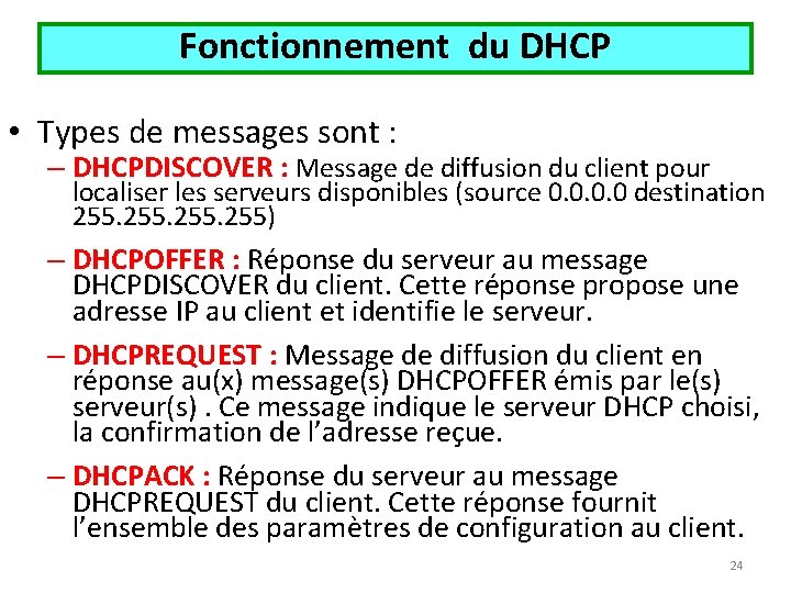 Fonctionnement du DHCP • Types de messages sont : – DHCPDISCOVER : Message de