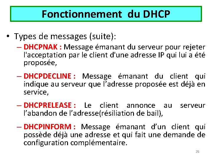 Fonctionnement du DHCP • Types de messages (suite): – DHCPNAK : Message émanant du