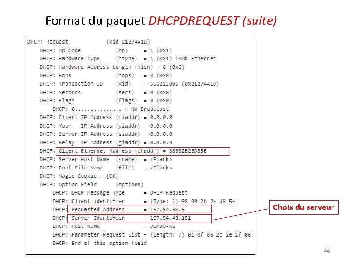 Format du paquet DHCPDREQUEST (suite) Choix du serveur 46 