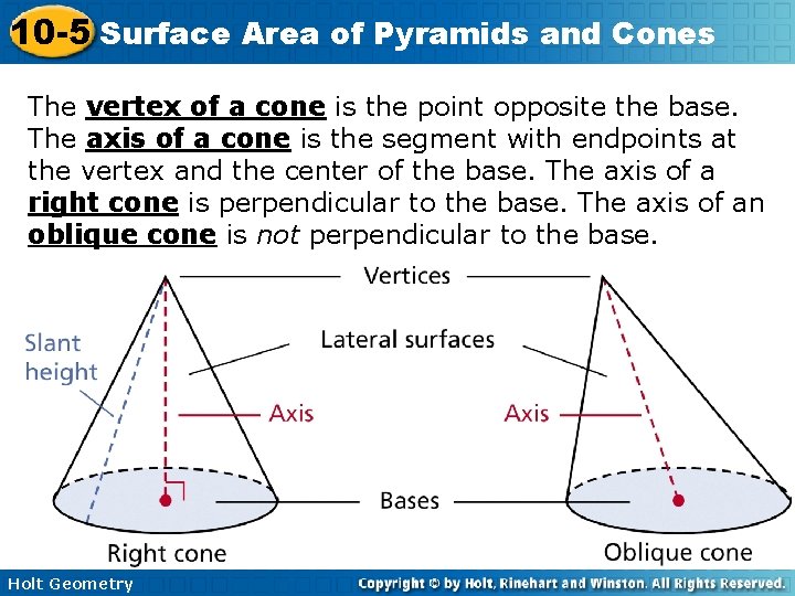 10 -5 Surface Area of Pyramids and Cones The vertex of a cone is