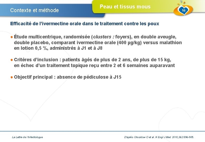 Contexte et méthode Peau et tissus mous 16 Efficacité de l’ivermectine orale dans le