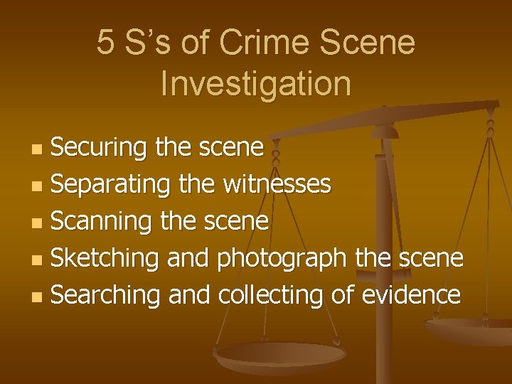 5 S’s of Crime Scene Investigation Securing the scene n Separating the witnesses n