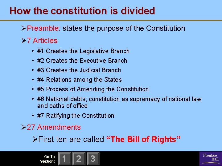 How the constitution is divided ØPreamble: states the purpose of the Constitution Ø 7