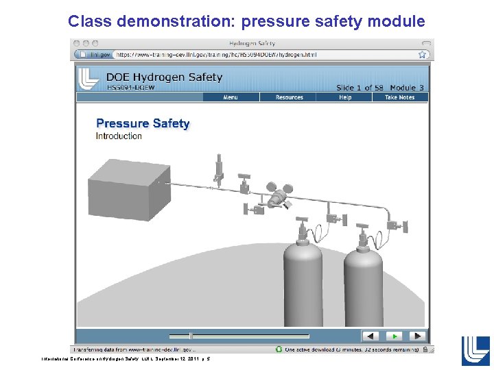 Class demonstration: pressure safety module International Conference on Hydrogen Safety, LLNL, September 12, 2011, Class demonstration: pressure safety module International Conference on Hydrogen Safety, LLNL, September 12, 2011,