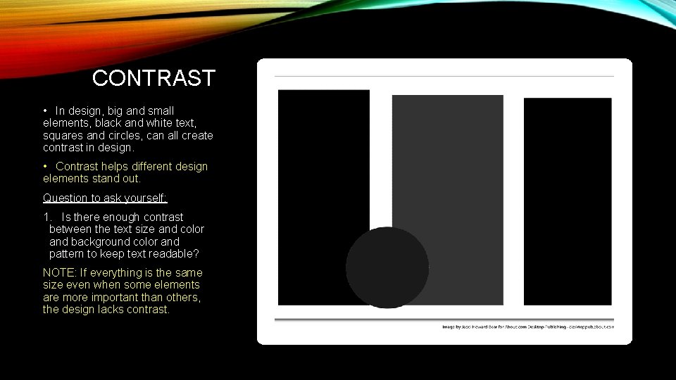 CONTRAST • In design, big and small elements, black and white text, squares and CONTRAST • In design, big and small elements, black and white text, squares and