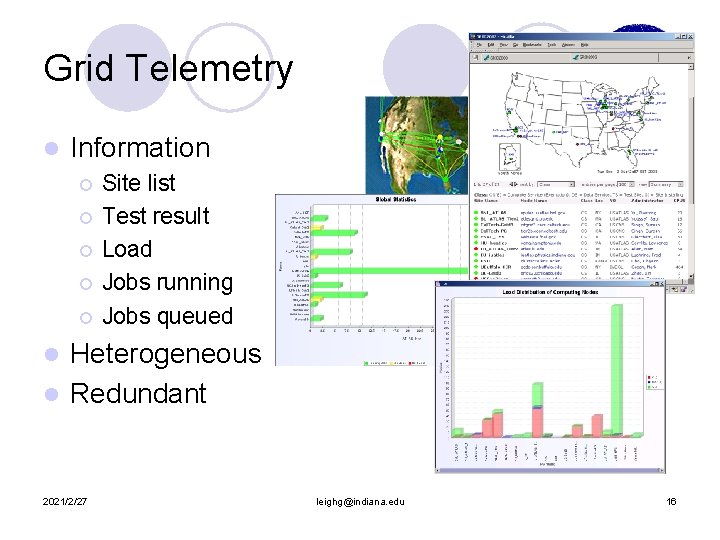 Grid Telemetry l Information ¡ ¡ ¡ Site list Test result Load Jobs running