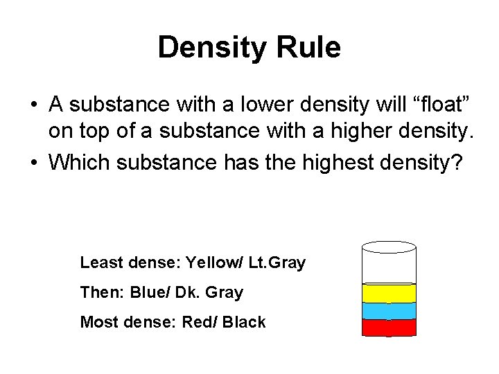 Density Rule • A substance with a lower density will “float” on top of