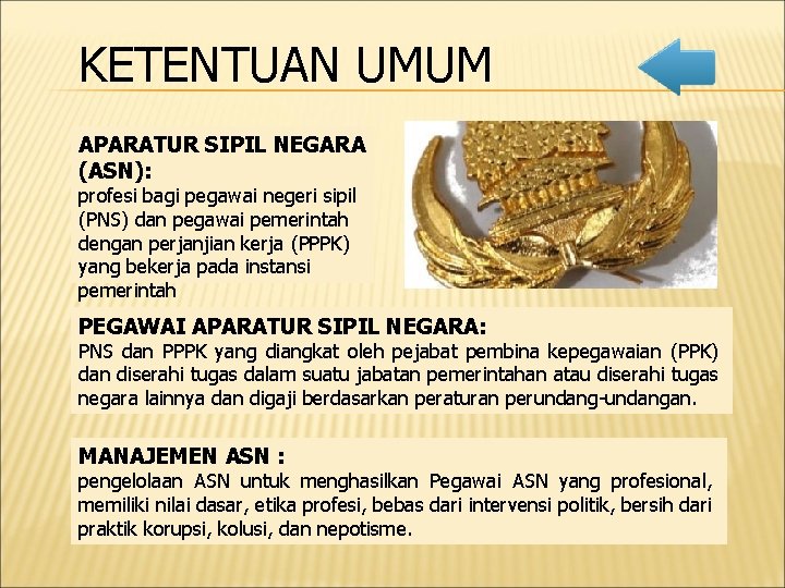 KETENTUAN UMUM APARATUR SIPIL NEGARA (ASN): profesi bagi pegawai negeri sipil (PNS) dan pegawai