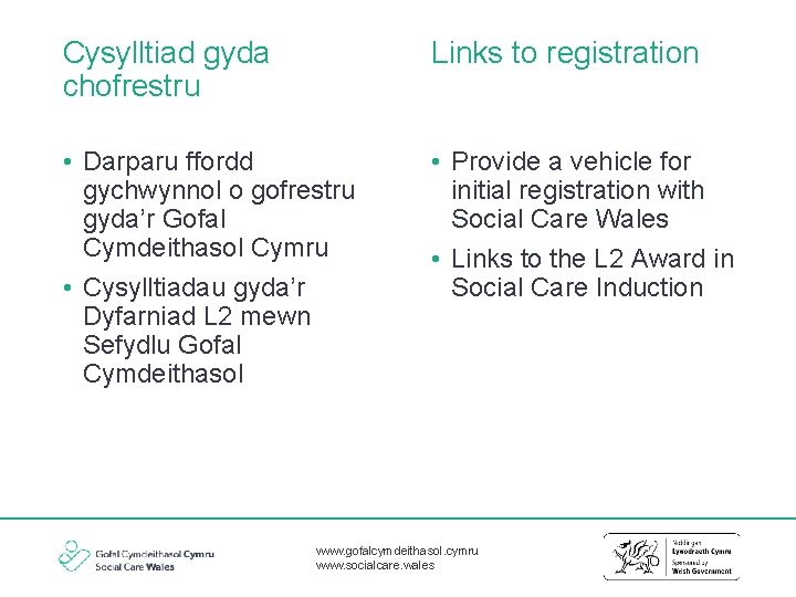 Cysylltiad gyda chofrestru Links to registration • Darparu ffordd gychwynnol o gofrestru gyda’r Gofal Cysylltiad gyda chofrestru Links to registration • Darparu ffordd gychwynnol o gofrestru gyda’r Gofal