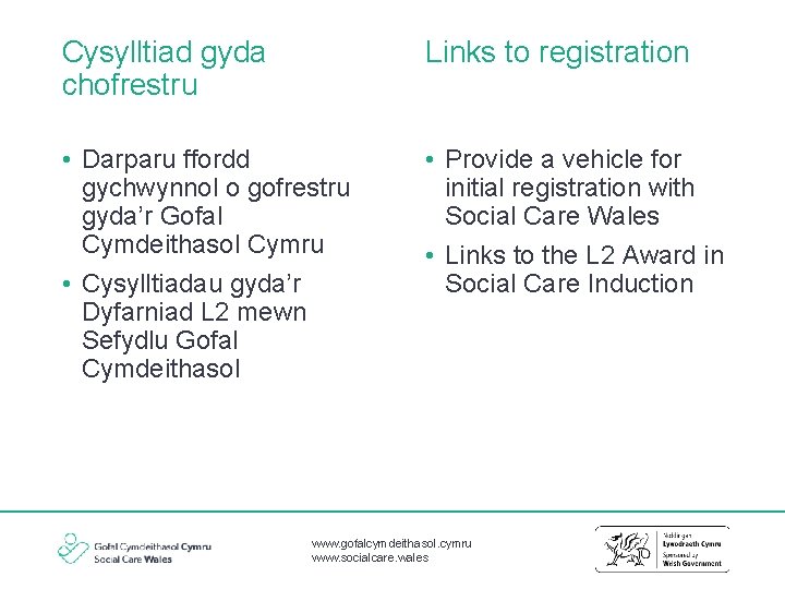 Cysylltiad gyda chofrestru Links to registration • Darparu ffordd gychwynnol o gofrestru gyda’r Gofal