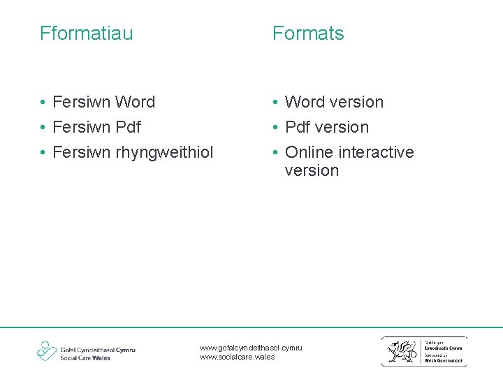 Fformatiau Formats • Fersiwn Word • Fersiwn Pdf • Fersiwn rhyngweithiol • Word version