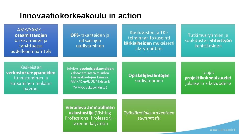 Innovaatiokorkeakoulu in action AMK/YAMK – osaamistasojen tarkistaminen ja tarvittaessa uudelleenmäärittely OPS-rakenteiden ja ratkaisujen uudistaminen