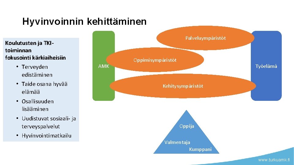 Hyvinvoinnin kehittäminen Palveluympäristöt Koulutusten ja TKItoiminnan fokusointi kärkiaiheisiin • Terveyden edistäminen • Taide osana