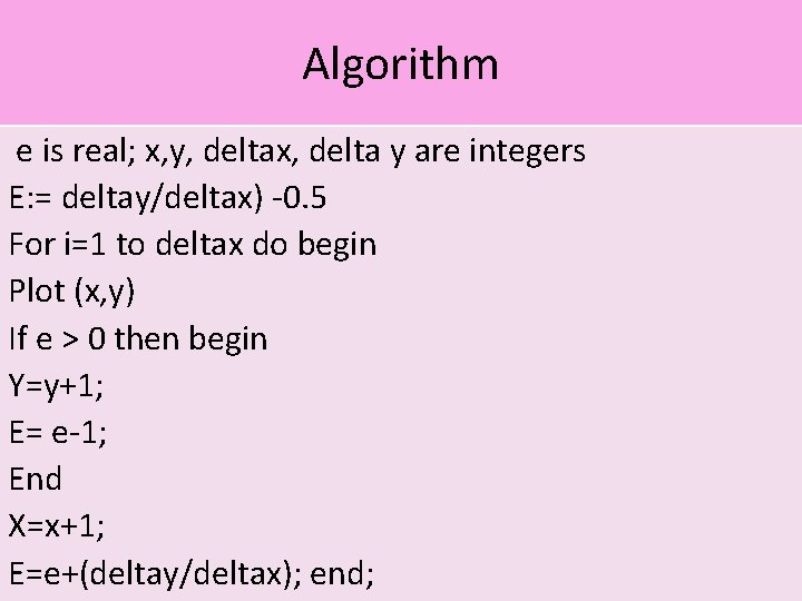 Algorithm e is real; x, y, deltax, delta y are integers E: = deltay/deltax)